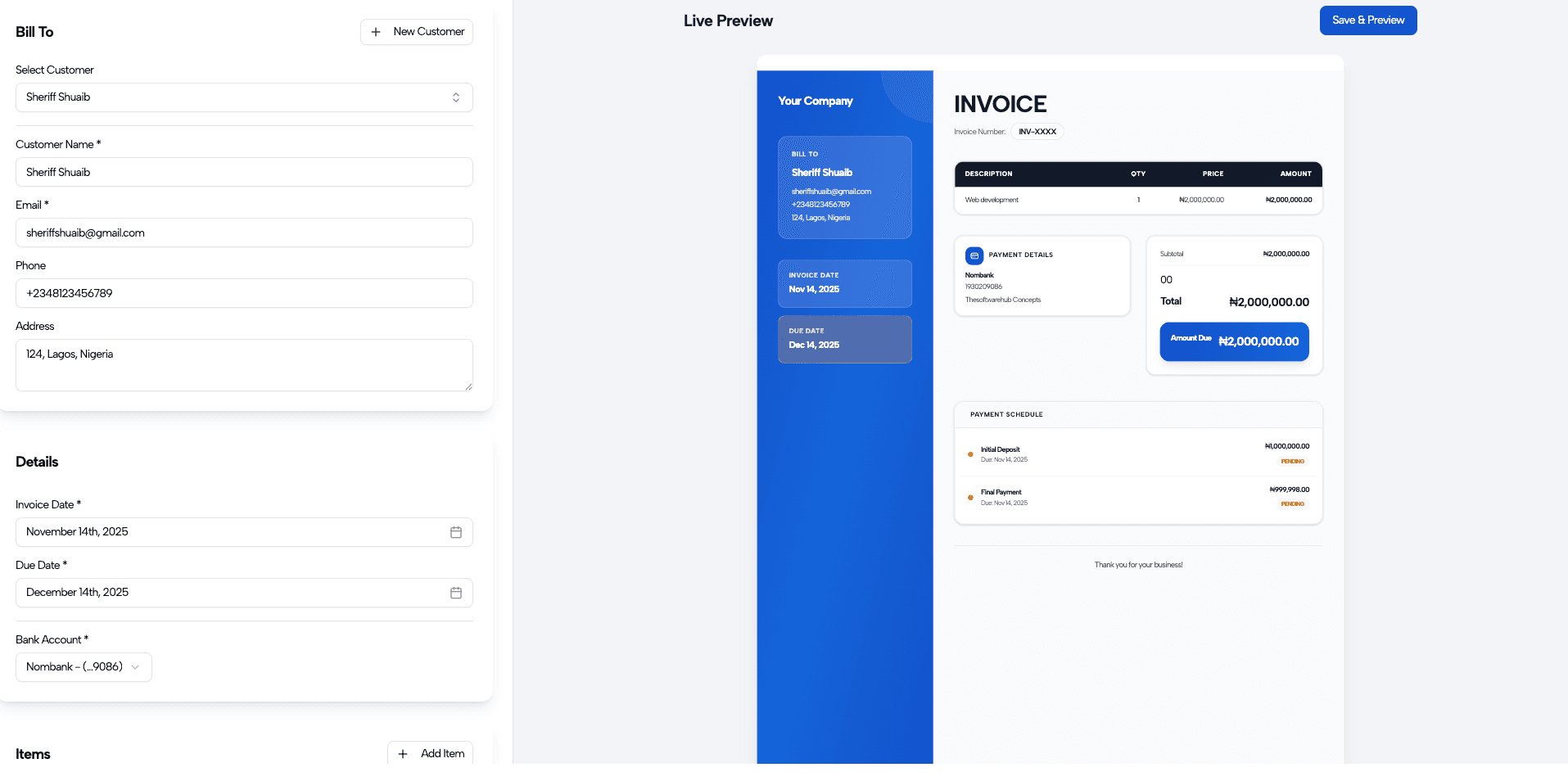 Invoiss live invoice editor with split-screen real-time preview