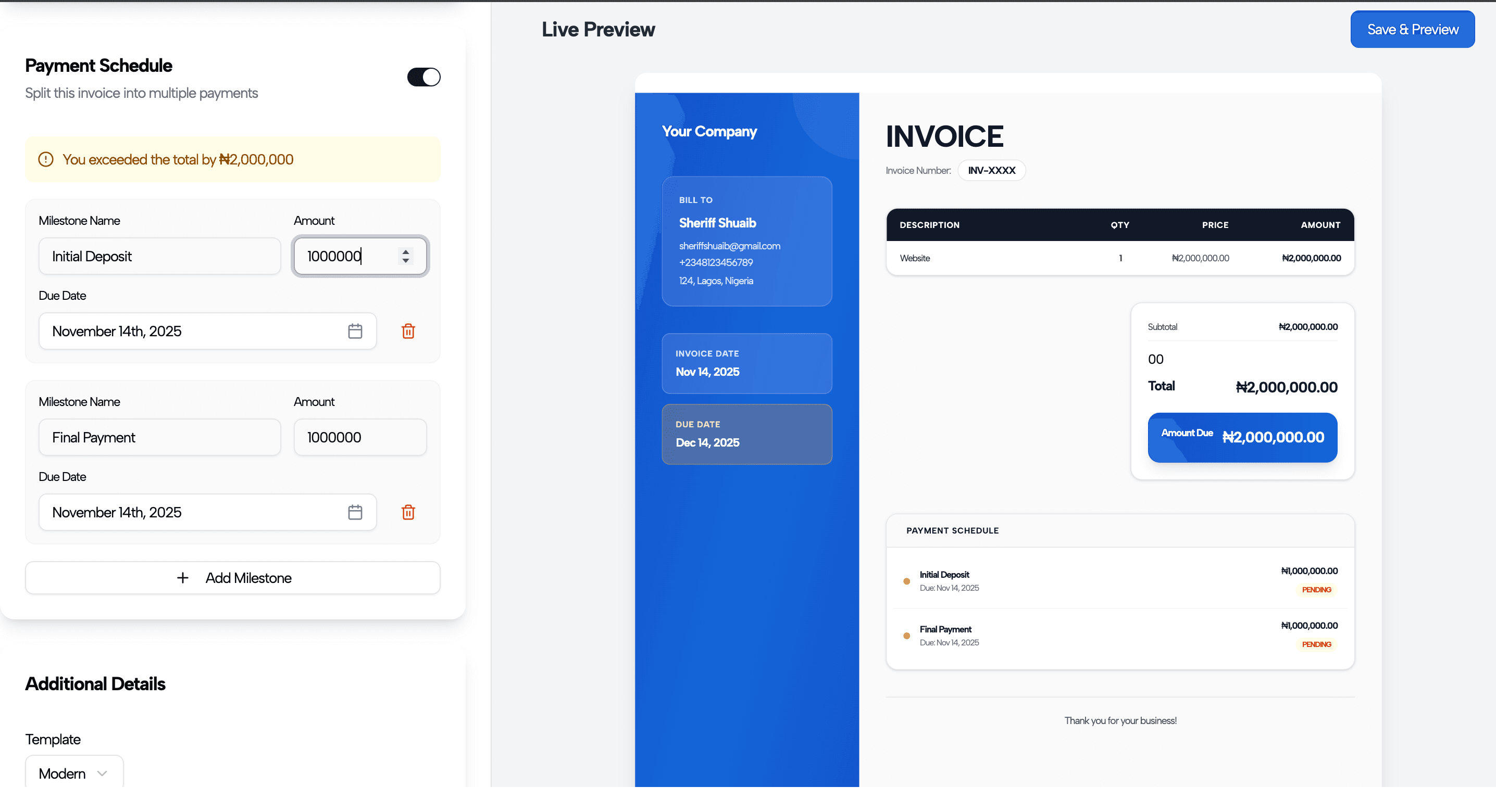 Invoiss payment tracking dashboard showing milestones and payment schedules